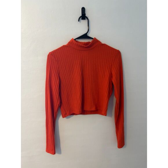 Red Ribbed Mock‑Turtleneck Crop Long Sleeve Top Women’s Medium - Picture 1 of 3